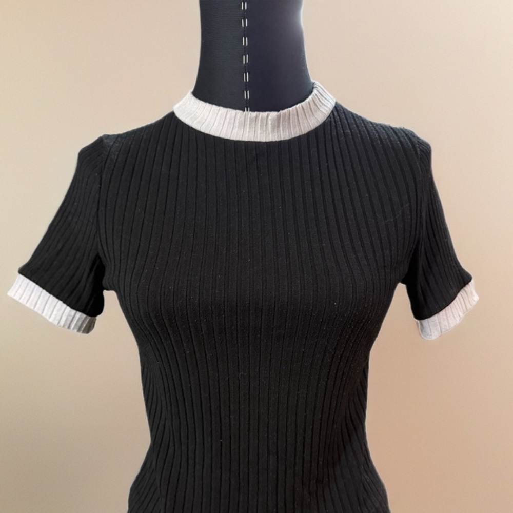Brandy Melville Black Ribbed Knit Top with White Trim